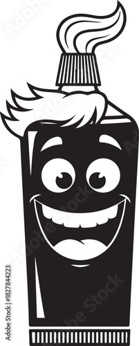 Smiling black and white toothpaste tube mascot with extruded paste, representing fresh dental hygiene.