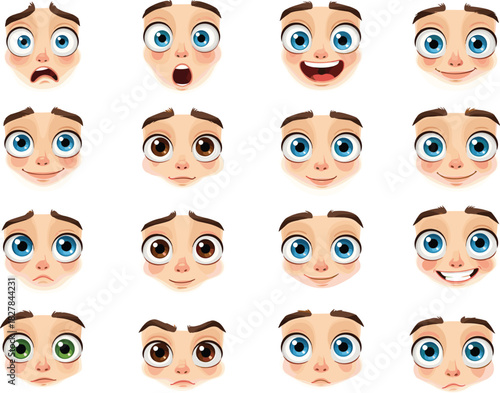 Cartoon facial expressions, emotional faces grid, human emotions illustration, happy sad angry surprised confused, character design reference, vector art
