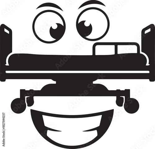 Smiling hospital bed cartoon with big eyes and a wide grin, representing healthcare cheerfulness.