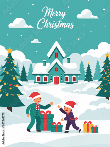 Charming Christmas illustration featuring two children in festive attire exchanging gifts amidst a snowy winter landscape with a cozy house and decorated trees, perfect for seasonal greetings