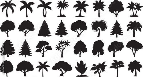A collection of different tropical and deciduous tree silhouettes are arranged on a transparent background