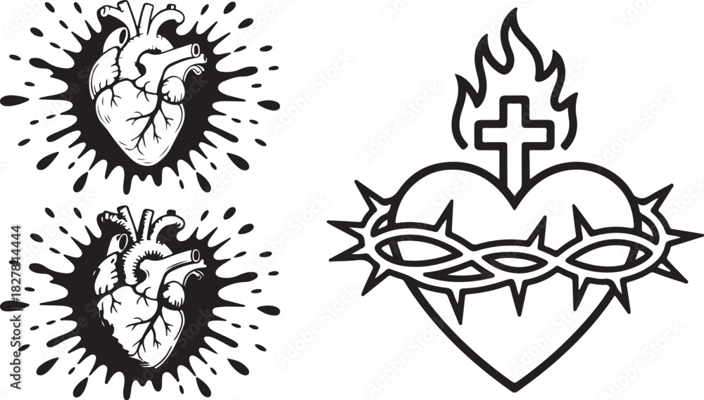 Fototapeta premium Anatomical human hearts on abstract black splash and sacred heart with thorn and cross symbols