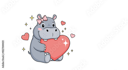 Adorable cartoon hippo with a pink bow happily holding a sparkling red heart surrounded by smaller hearts and stars.