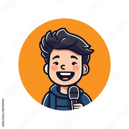 Cheerful Cartoon Boy Avatar Holding a Microphone on Orange Background (AI Generated)