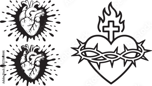 Anatomical human hearts on abstract black splash and sacred heart with thorn and cross symbols