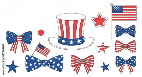 Festive collection of patriotic American-themed elements including stars hats flags and bows for national holidays and celebrations.