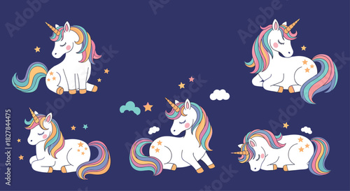 Whimsical collection of five adorable unicorn characters in various sitting poses surrounded by sparkling stars and fluffy clouds.