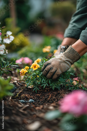 A person's hands wearing gardening gloves, weeding a flower bed, showing dedication to maintaining a pristine garden.