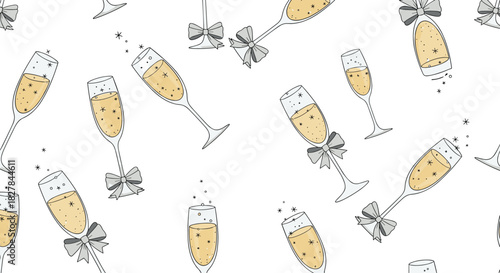 Festive seamless pattern of elegant champagne flutes filled with sparkling stars and adorned with delicate ribbons for celebrations.