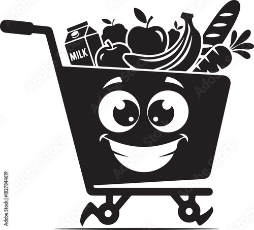 Happy shopping cart character filled with fresh groceries: milk, fruit, bread, and vegetables