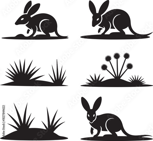 Silhouette Wallaby and Grass Tufts Seamless Pattern Design Illustration Collection