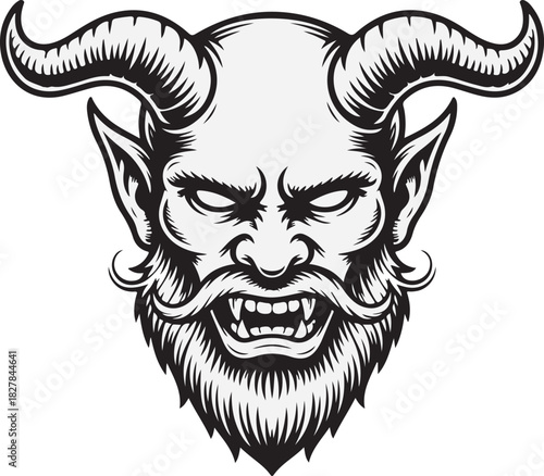 Black and white horned demon head shows a menacing scowl and sinister detail on transparent background