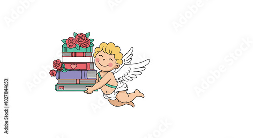 Adorable cupid character flying gracefully with a colorful stack of books adorned with red roses for a romantic literary design.