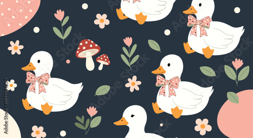 Delightful seamless pattern featuring adorable ducks wearing pink bows and flower crowns nestled among mushrooms and wildflowers.