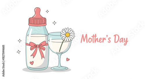Charming Mother's Day illustration featuring a baby bottle with a pink bow and a glass with a daisy and text.