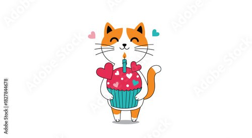 Adorable cartoon cat happily holding a birthday cupcake adorned with a candle and colorful hearts for a festive celebration.
