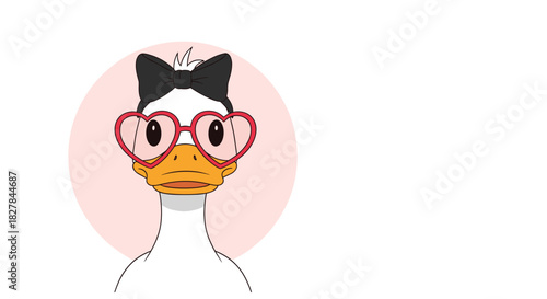 Fashionable duck portrait wearing heart-shaped sunglasses and a chic black bow against a soft pink circle background.
