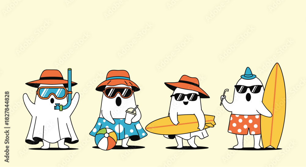 Fototapeta premium Adorable group of four cartoon ghosts dressed in diverse summer outfits including snorkels hats surfboards and drinks.