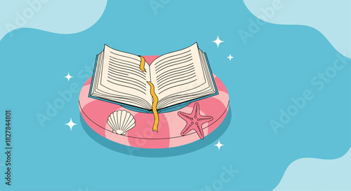 Creative illustration of an open book floating on a pink pool float adorned with a seashell and starfish for summer reading.