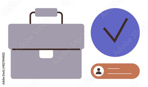 Briefcase, blue checkmark, and user profile symbolizing professionalism, approval, identity, career, credentials, validation trust. Ideal for business hiring authentication verification