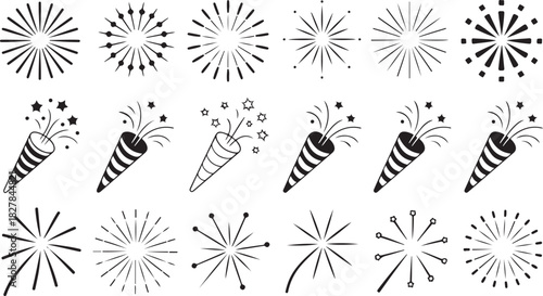 Celebration burst patterns show diverse confetti and star design elements on a white background