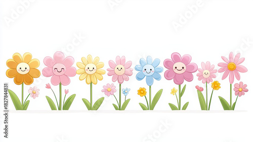 Cheerful Floral Parade: A vibrant row of smiling, cartoon-like flowers, each with a unique petal hue and charming expression, creates a delightful and uplifting scene.