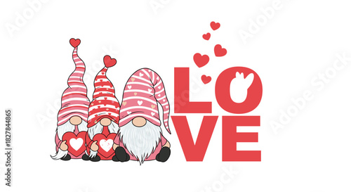 Adorable illustration of three gnomes wearing striped hats and holding hearts with the bold word LOVE beside them.