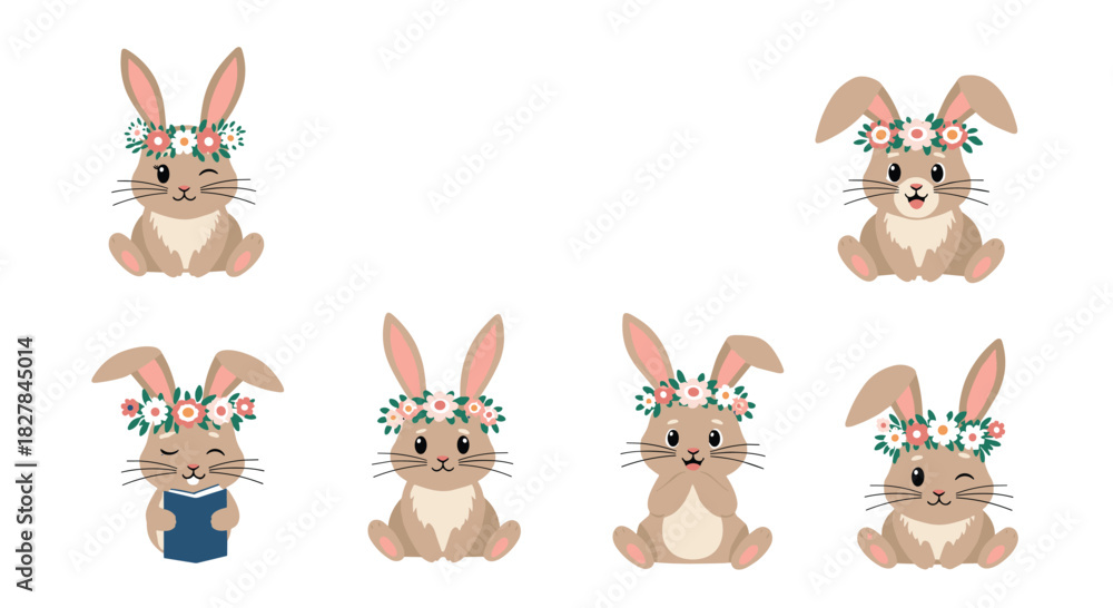 Obraz premium Adorable collection of eight charming bunny characters wearing sweet flower crowns and showing diverse playful poses.