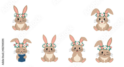 Adorable collection of eight charming bunny characters wearing sweet flower crowns and showing diverse playful poses.