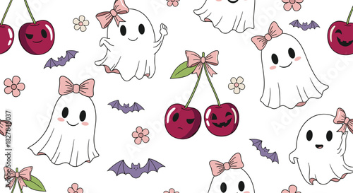 Adorable ghost girls with pink bows and smiling cherries create a charming Halloween-themed seamless pattern with bats and flowers.