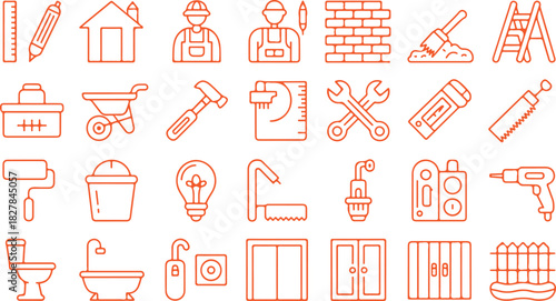 Construction and home improvement tools are arranged in a seamless orange outline on white