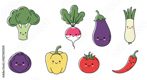 Cute cartoon vegetables with happy faces including broccoli radish eggplant and bell pepper are arranged on a clean white background.
