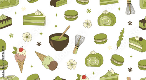 Delicious matcha desserts and tea ceremony items form a delightful seamless pattern featuring cakes macarons and ice cream with flowers.
