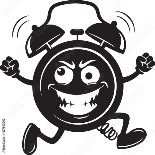 Ringing alarm clock character running with an angry, mischievous expression, symbolizing urgency and time.