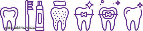 Dental hygiene items and teeth showing cavity and teeth straightening are displayed in violet
