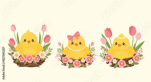 Three adorable yellow chicks nestled in baskets surrounded by pink tulips and vibrant flowers with bows and pearl necklaces.