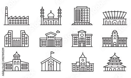 Global Architecture Line Icons Set – Cultural and Functional Building Styles