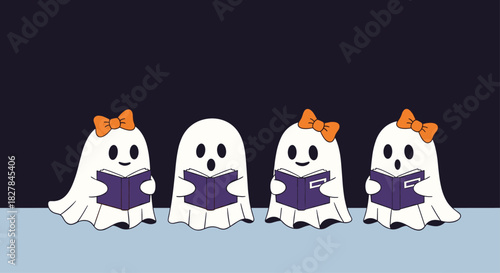Four cute ghost girls with orange bows happily sing from their books creating a charming and spooky festive Halloween scene.
