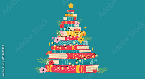 Creative Christmas tree made from colorful stacked books decorated with festive string lights flowers and a shining star on top.