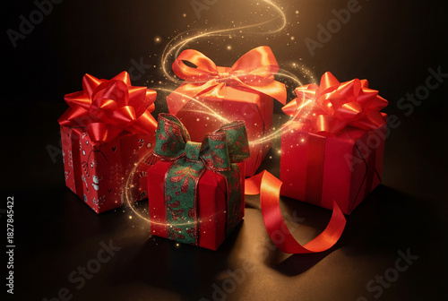 Magic Christmas Gifts on Transparent Background. Festive Holiday Present Boxes.


