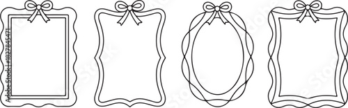 Four monochrome frames with bows offer varied shapes and decorative borders creating simple elegance