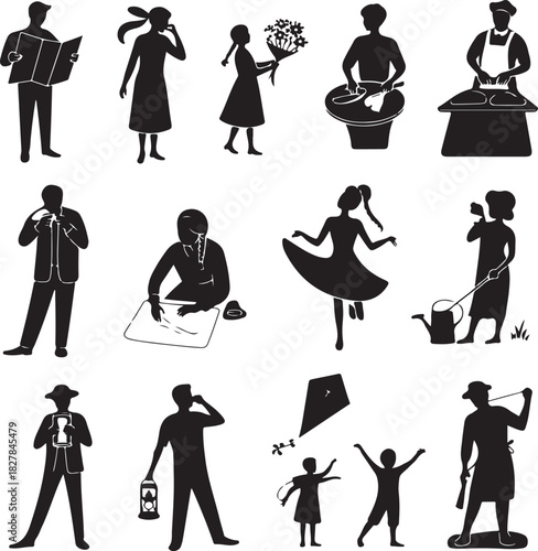 Silhouettes of People Engaged in Various Activities on White Background