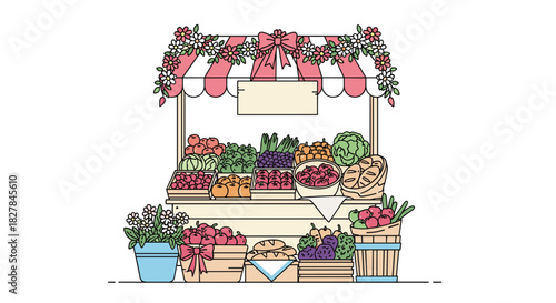 Charming farmer's market stall with a pink striped awning adorned with flowers offers an abundant display of fresh fruits and vegetables.