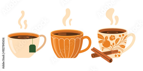 Autumn beverage mugs with steaming drinks and soft warm colors created for fall illustration projects, cozy lifestyle themes, and seasonal decorative design work