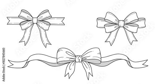 Elegant set of three hand-drawn outline ribbon bows with varying configurations perfect for decorative and celebratory designs.