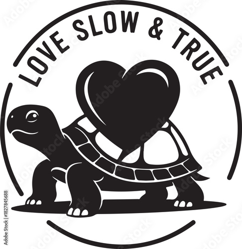 Love slow and true turtle with heart shell vector emblem. patience, loyalty, and lasting devotion.