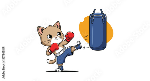 Cute cartoon cat wearing boxing gloves and shorts energetically kicks a punching bag demonstrating fitness and strength.