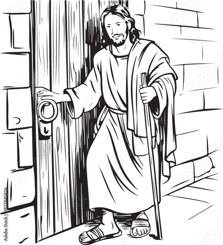 Jesus Christ opens the wooden door with a staff on a white background