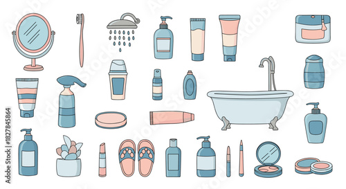 Comprehensive collection of bathroom and cosmetic items featuring a bathtub mirror toothbrush lotions makeup and comfortable slippers.