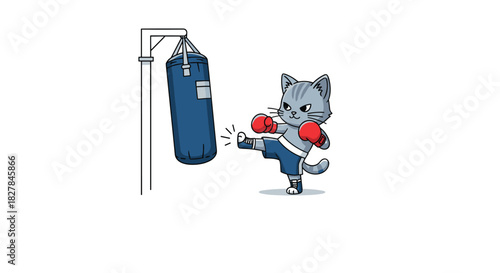 Cute gray tabby cat wearing boxing gloves and blue shorts powerfully kicks a punching bag demonstrating feline strength and agility.